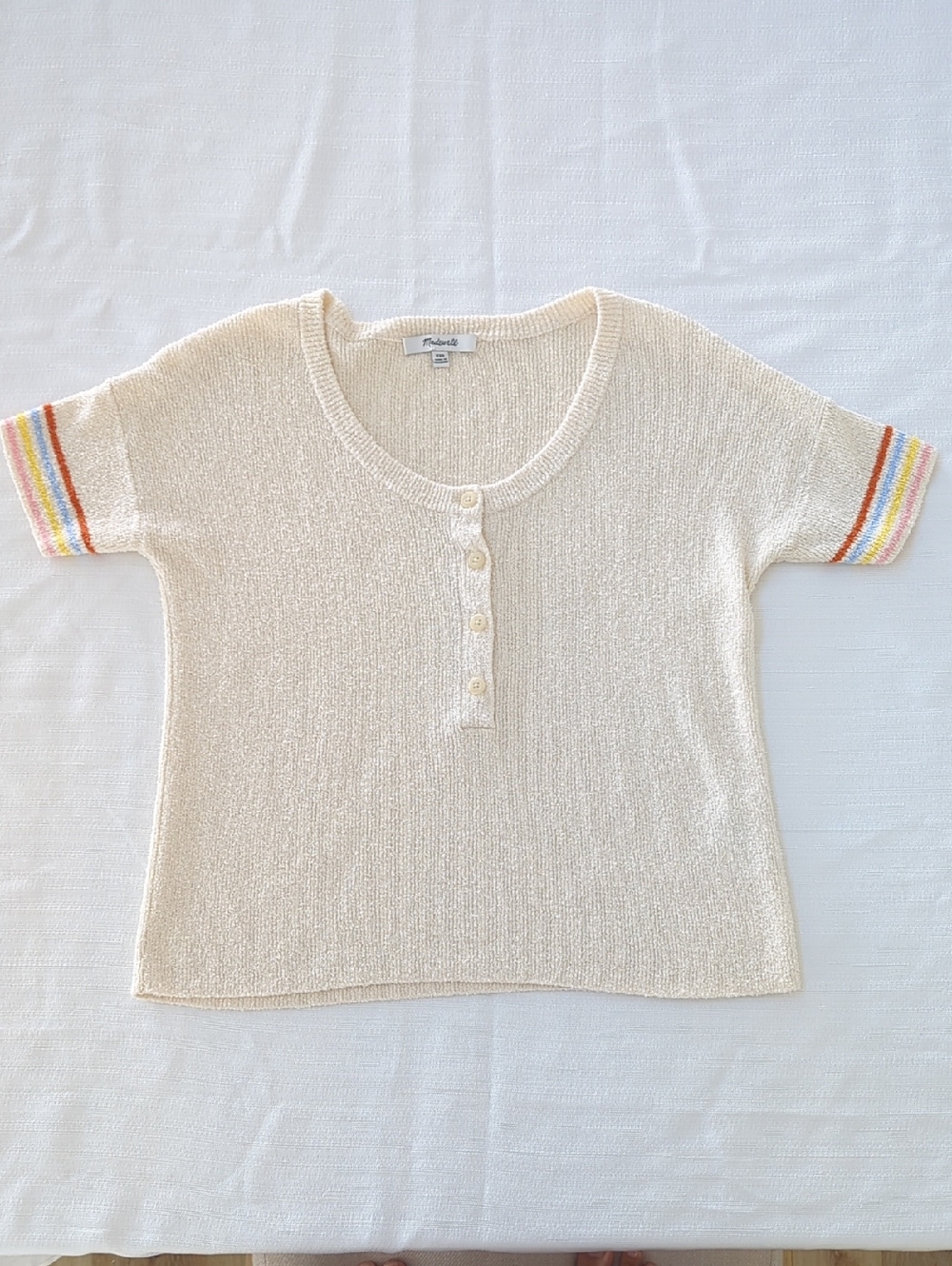 Madewell Cream Knit Henley Top with Rainbow Trim